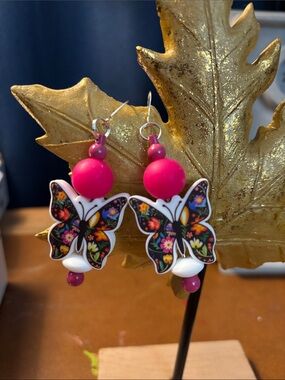 Floral Butterfly Dangle Earrings in Hot Pink